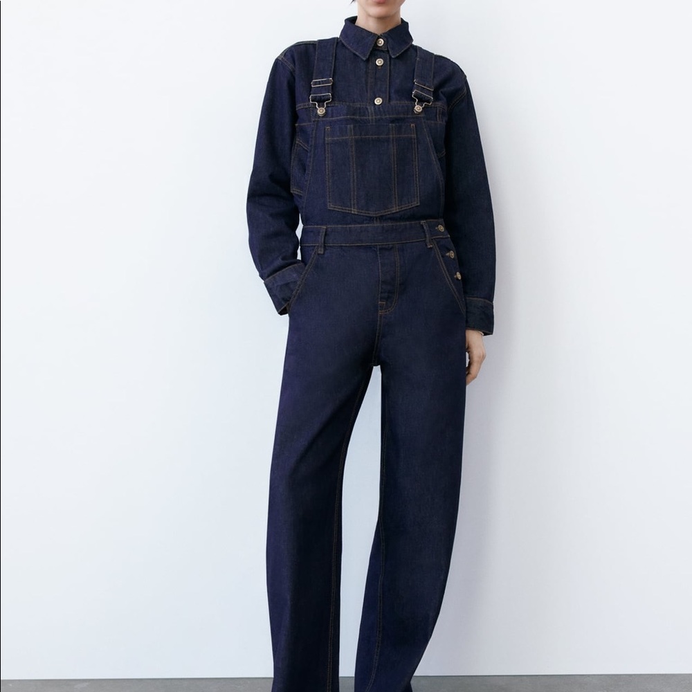 Zara Wide Leg Overalls, Dark Wash Denim